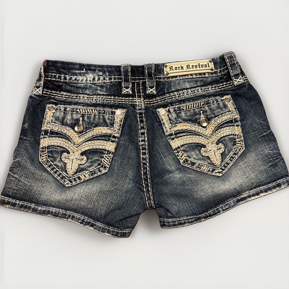 Rock Revival Women’s Blue Denim Shorts Embroidered Rhinestone Medium Wash 28